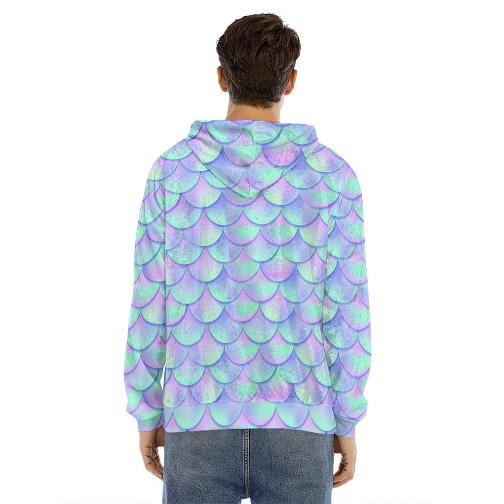 Blue Mermaid Scales Pattern Print Men's Velvet Pullover Hoodie
