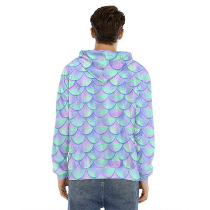 Blue Mermaid Scales Pattern Print Men's Velvet Pullover Hoodie