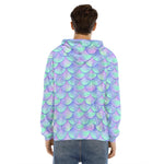 Blue Mermaid Scales Pattern Print Men's Velvet Pullover Hoodie
