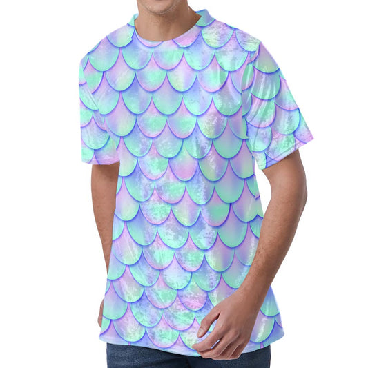 Blue Mermaid Scales Pattern Print Men's Velvet T-Shirt