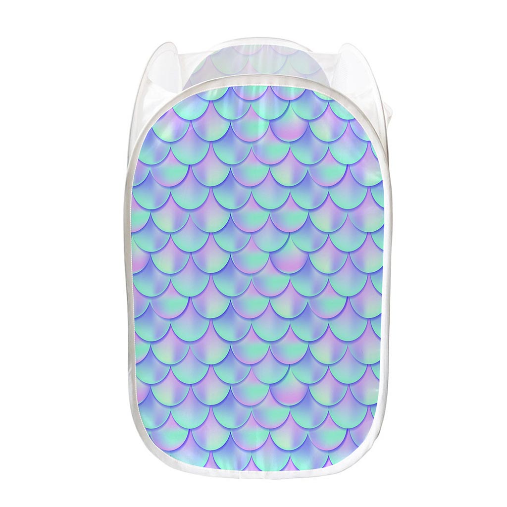 Blue Mermaid Scales Pattern Print Mesh Laundry Hamper