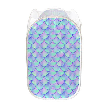 Blue Mermaid Scales Pattern Print Mesh Laundry Hamper