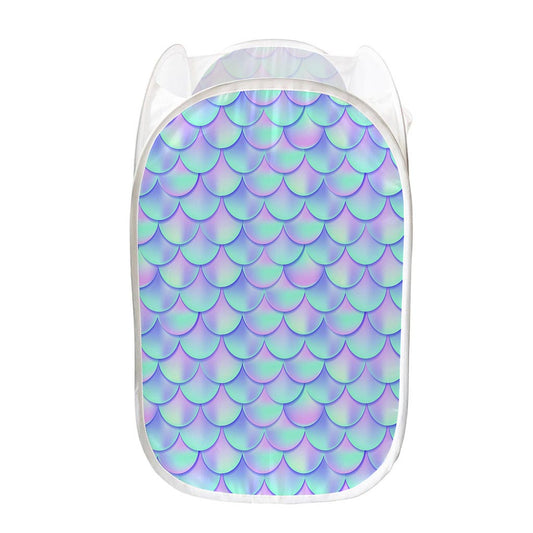 Blue Mermaid Scales Pattern Print Mesh Laundry Hamper