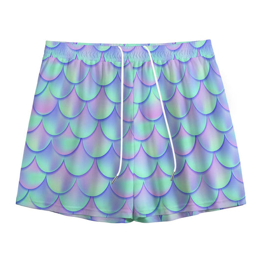 Blue Mermaid Scales Pattern Print Mesh Shorts