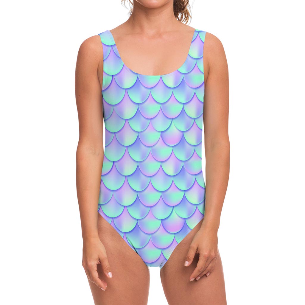Blue Mermaid Scales Pattern Print One Piece Swimsuit
