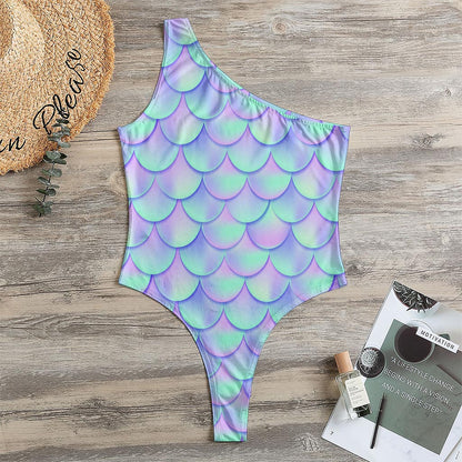 Blue Mermaid Scales Pattern Print One Shoulder Bodysuit