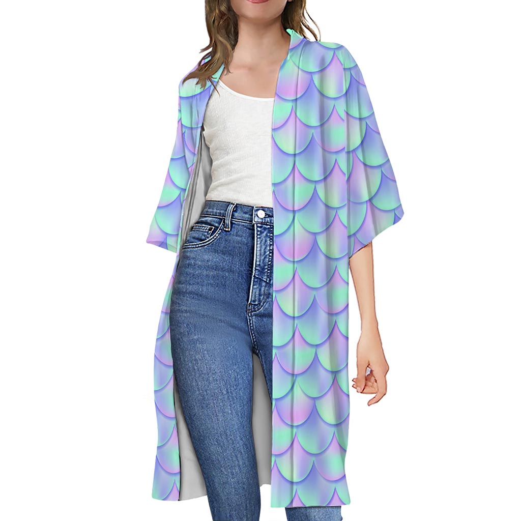 Blue Mermaid Scales Pattern Print Open Front Beach Cover Up