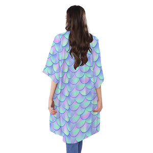 Blue Mermaid Scales Pattern Print Open Front Beach Cover Up