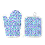 Blue Mermaid Scales Pattern Print Oven Mitt And Pot Holder Set