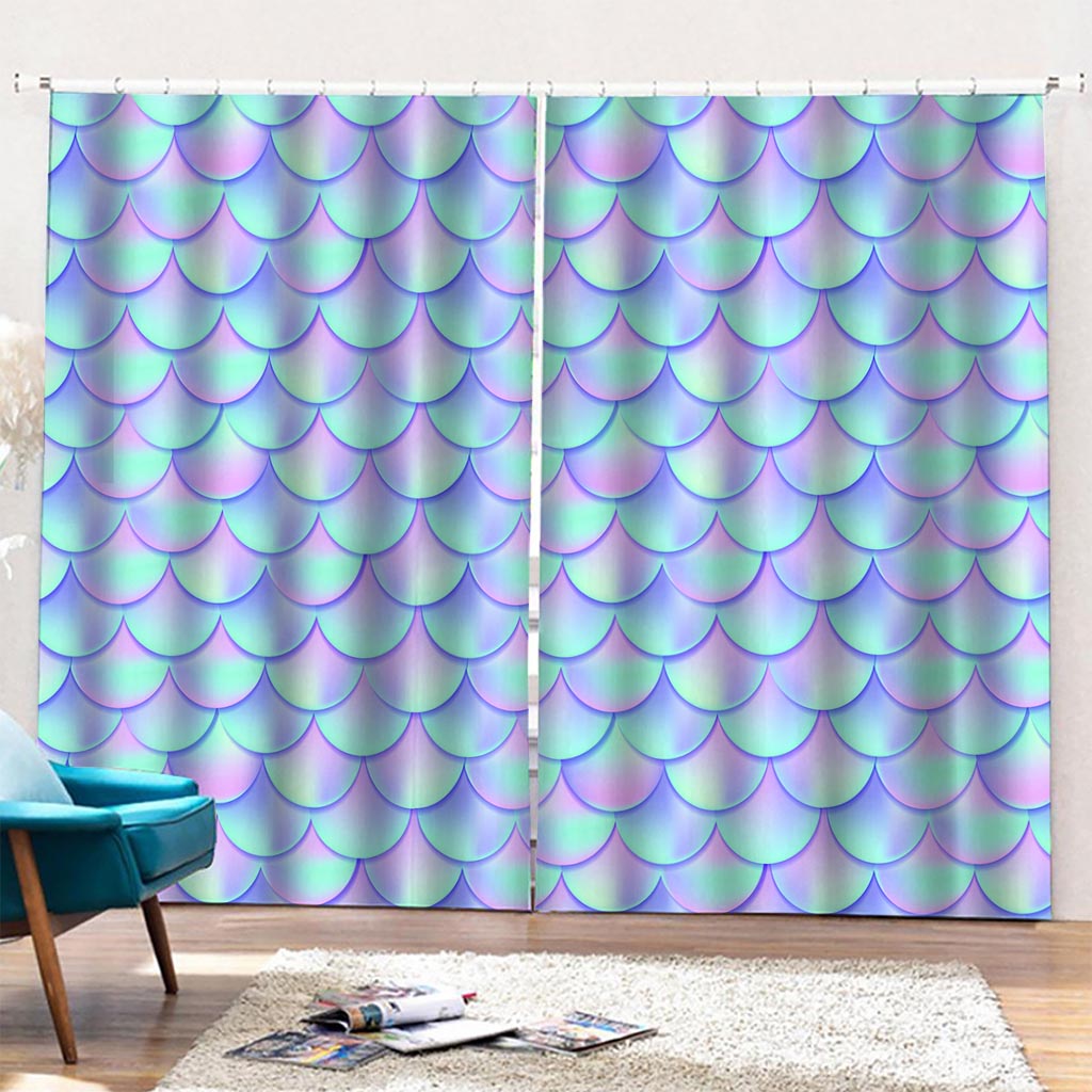 Blue Mermaid Scales Pattern Print Pencil Pleat Curtains