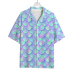 Blue Mermaid Scales Pattern Print Rayon Hawaiian Shirt
