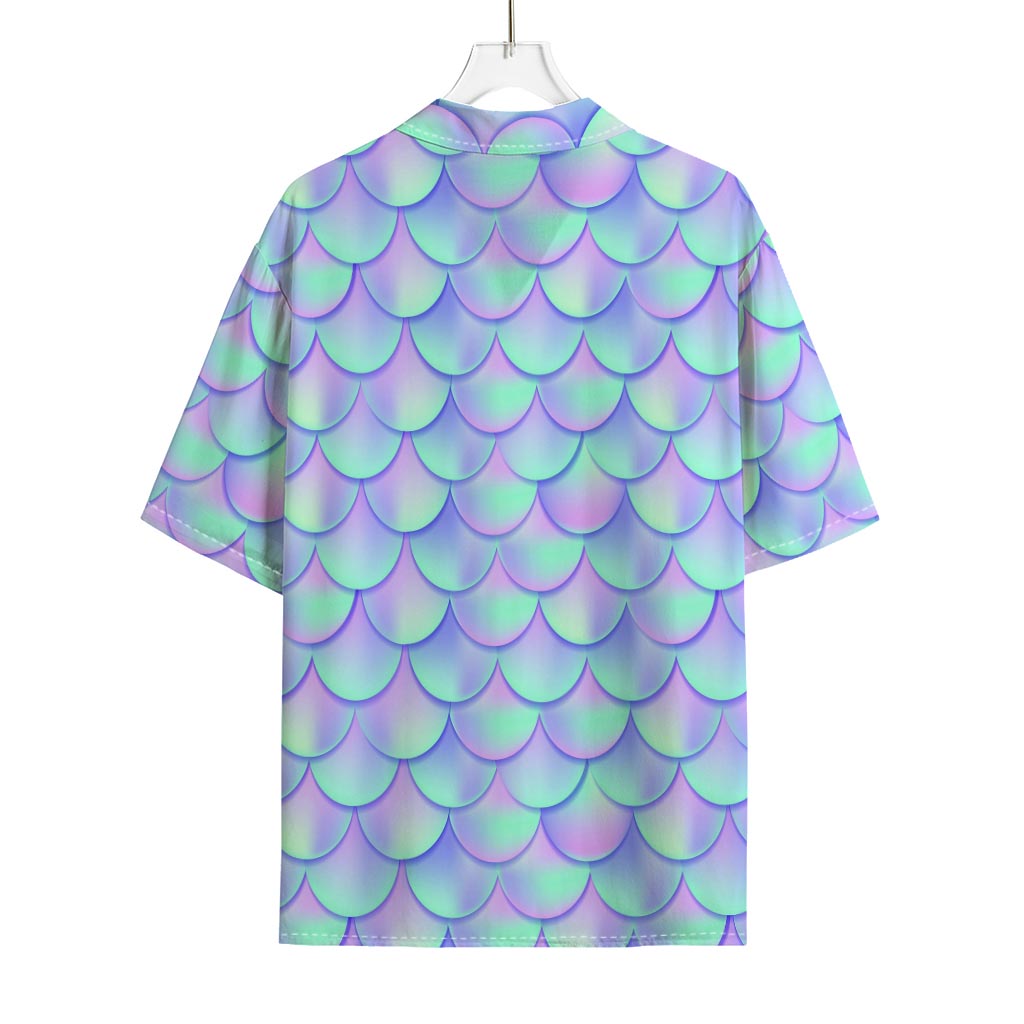 Blue Mermaid Scales Pattern Print Rayon Hawaiian Shirt