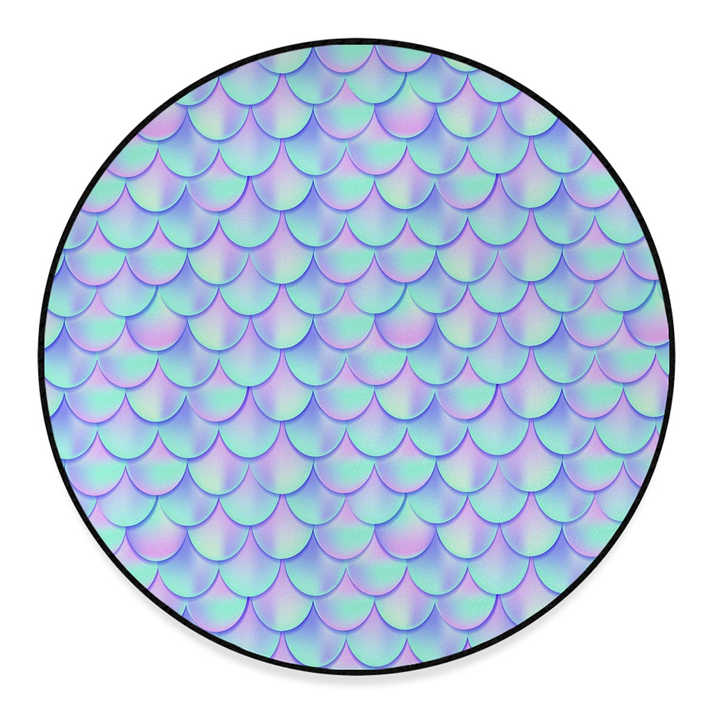 Blue Mermaid Scales Pattern Print Round Floor Mat