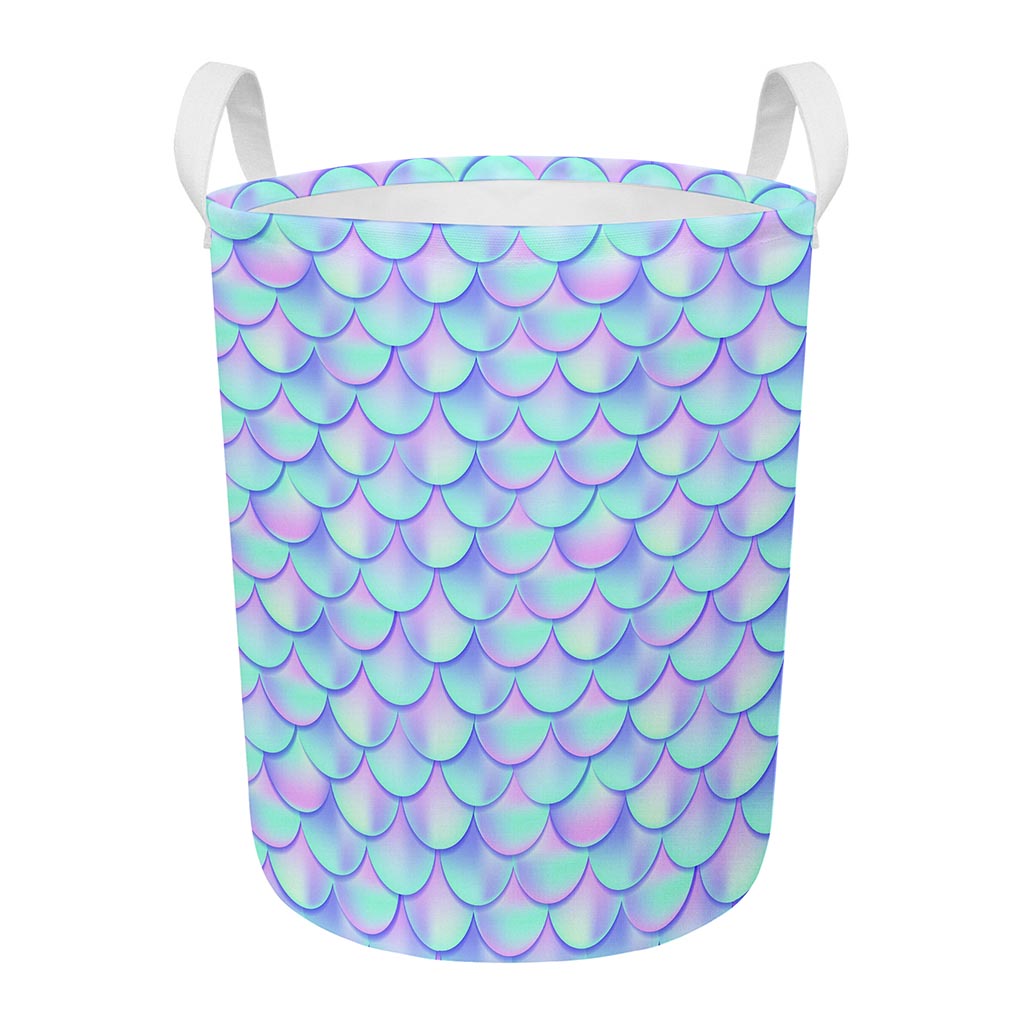 Blue Mermaid Scales Pattern Print Round Laundry Basket