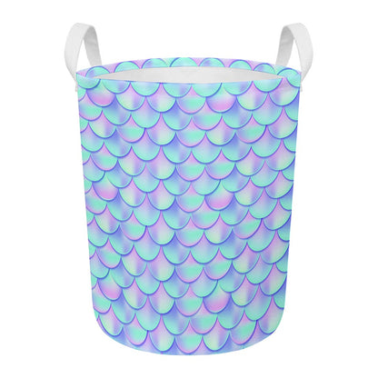 Blue Mermaid Scales Pattern Print Round Laundry Basket