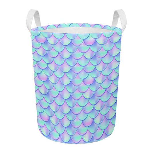 Blue Mermaid Scales Pattern Print Round Laundry Basket