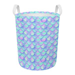 Blue Mermaid Scales Pattern Print Round Laundry Basket