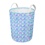 Blue Mermaid Scales Pattern Print Round Laundry Basket