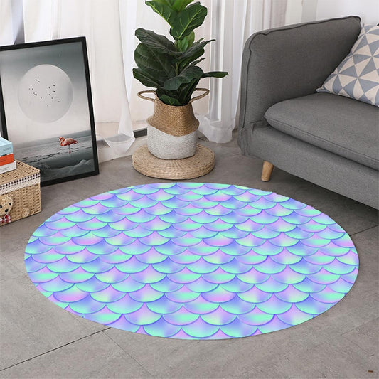 Blue Mermaid Scales Pattern Print Round Rug