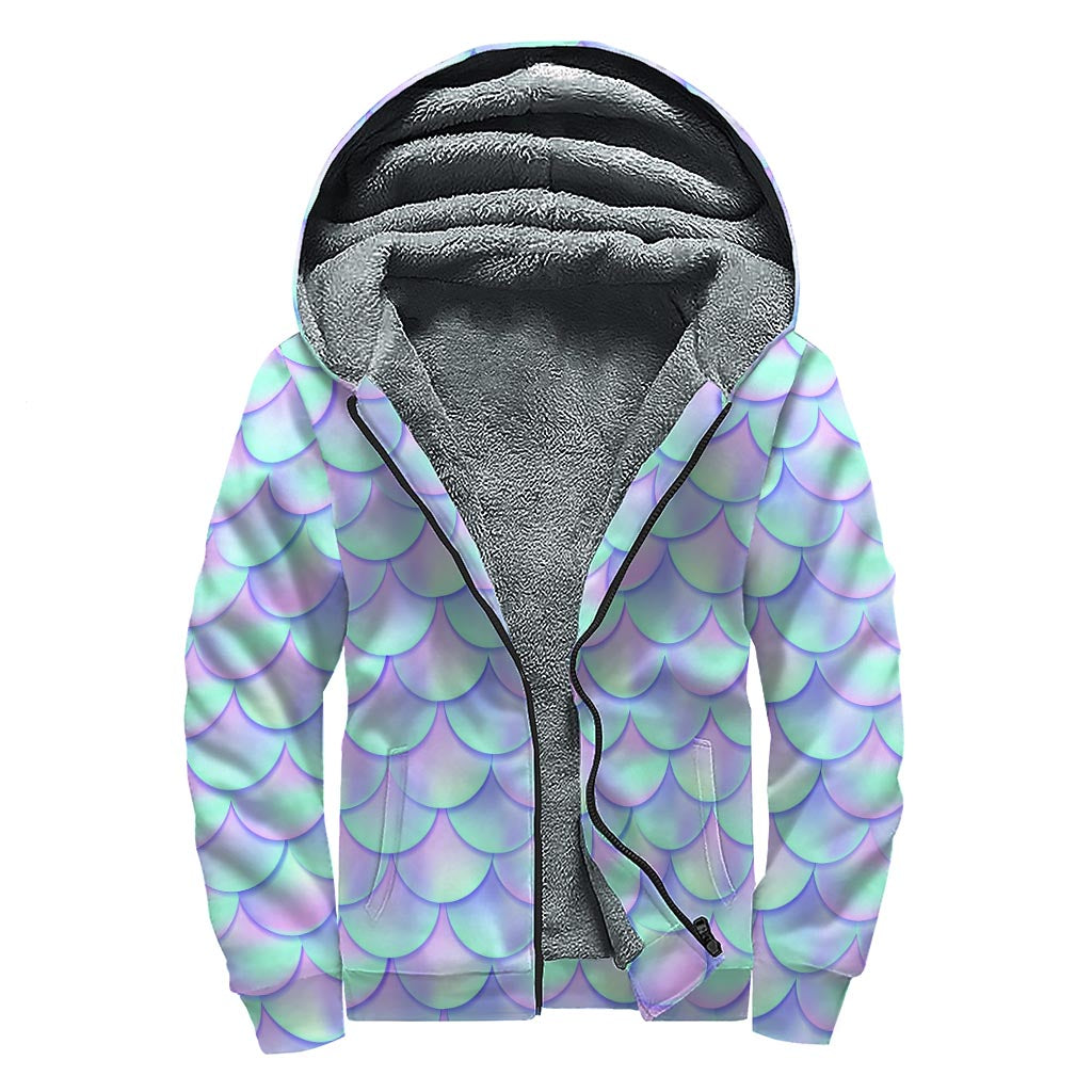 Blue Mermaid Scales Pattern Print Sherpa Lined Zip Up Hoodie