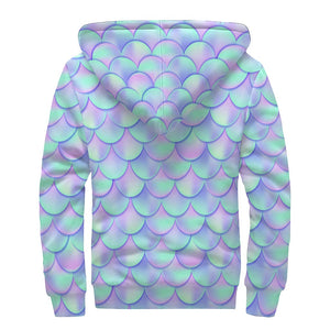 Blue Mermaid Scales Pattern Print Sherpa Lined Zip Up Hoodie