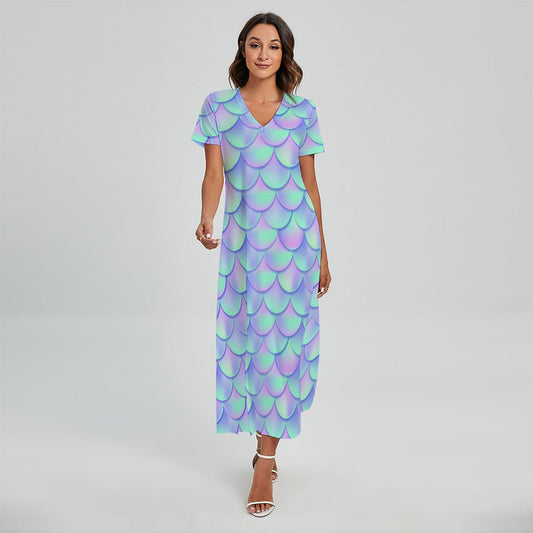 Blue Mermaid Scales Pattern Print Short Sleeve Maxi Dress
