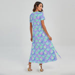Blue Mermaid Scales Pattern Print Short Sleeve Maxi Dress
