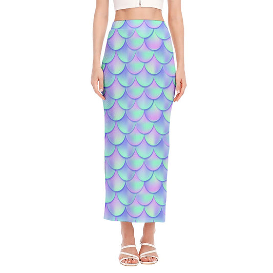 Blue Mermaid Scales Pattern Print Side Slit Maxi Skirt