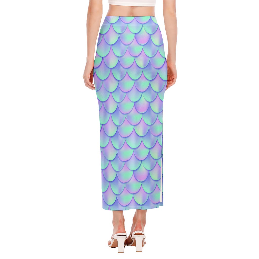Blue Mermaid Scales Pattern Print Side Slit Maxi Skirt