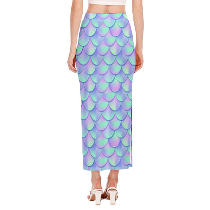 Blue Mermaid Scales Pattern Print Side Slit Maxi Skirt