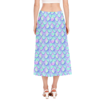 Blue Mermaid Scales Pattern Print Side Slit Midi Skirt