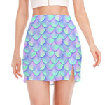 Blue Mermaid Scales Pattern Print Side Slit Mini Skirt