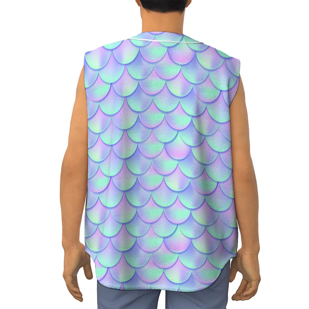 Blue Mermaid Scales Pattern Print Sleeveless Baseball Jersey