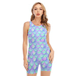 Blue Mermaid Scales Pattern Print Sleeveless One Piece Swimsuit