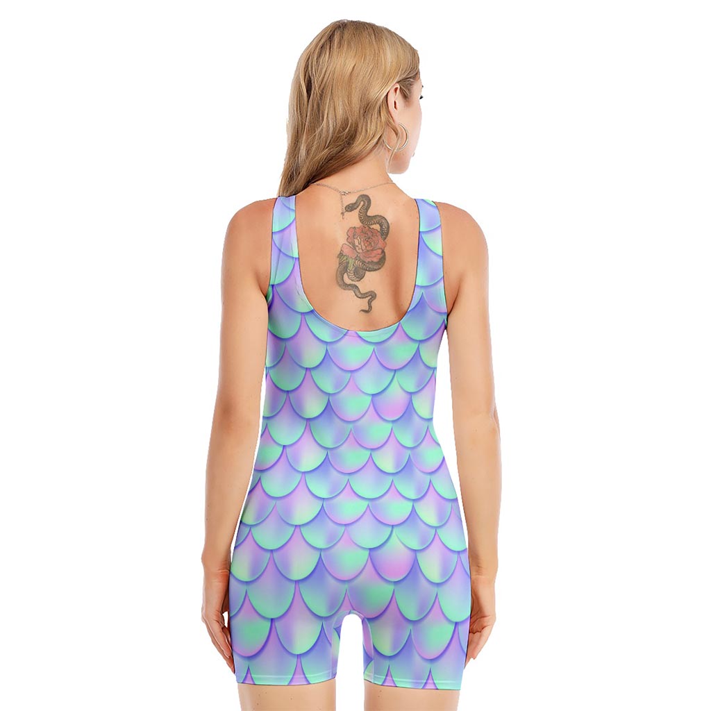 Blue Mermaid Scales Pattern Print Sleeveless One Piece Swimsuit