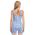 Blue Mermaid Scales Pattern Print Sleeveless One Piece Swimsuit