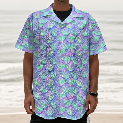 Blue Mermaid Scales Pattern Print Textured Short Sleeve Shirt