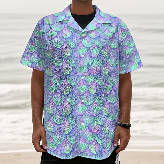 Blue Mermaid Scales Pattern Print Textured Short Sleeve Shirt