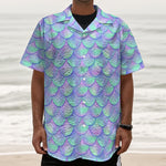 Blue Mermaid Scales Pattern Print Textured Short Sleeve Shirt