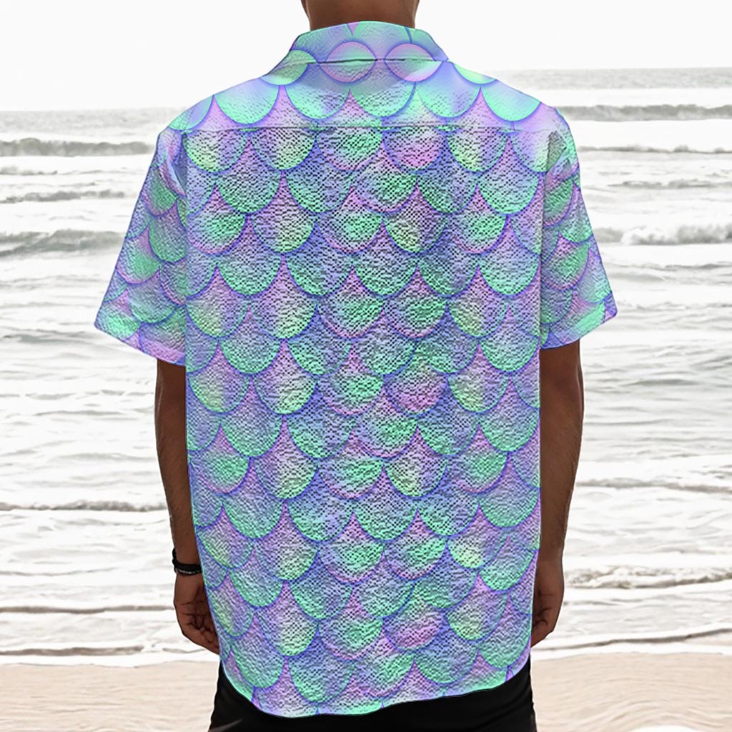 Blue Mermaid Scales Pattern Print Textured Short Sleeve Shirt