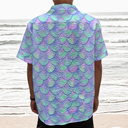 Blue Mermaid Scales Pattern Print Textured Short Sleeve Shirt