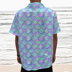 Blue Mermaid Scales Pattern Print Textured Short Sleeve Shirt