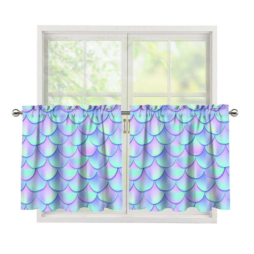 Blue Mermaid Scales Pattern Print Tier Curtains