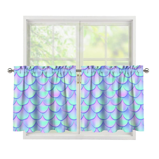Blue Mermaid Scales Pattern Print Tier Curtains