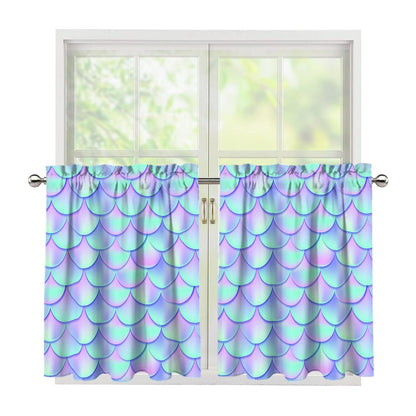 Blue Mermaid Scales Pattern Print Tier Curtains