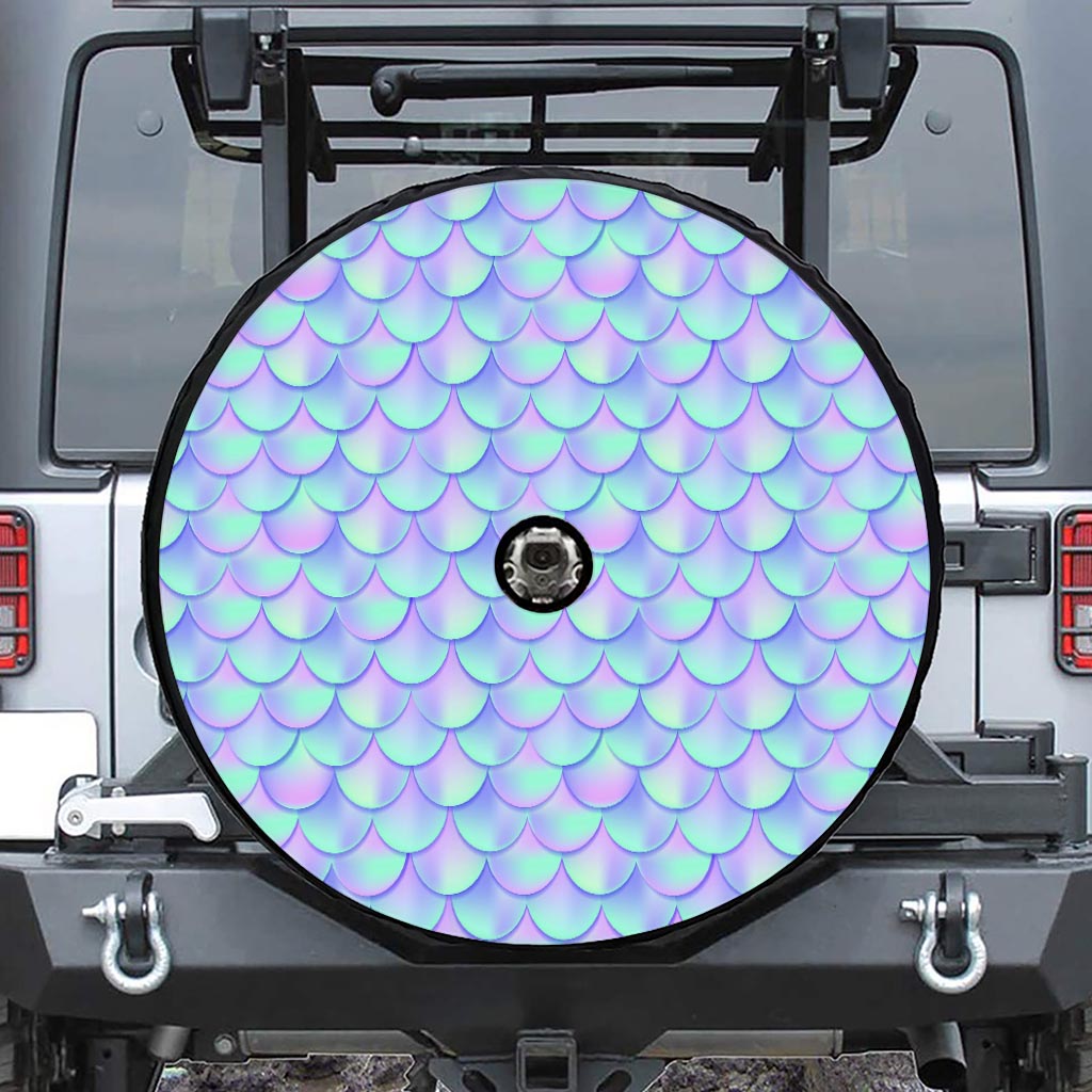 Blue Mermaid Scales Pattern Print Tire Cover With Camera Hole