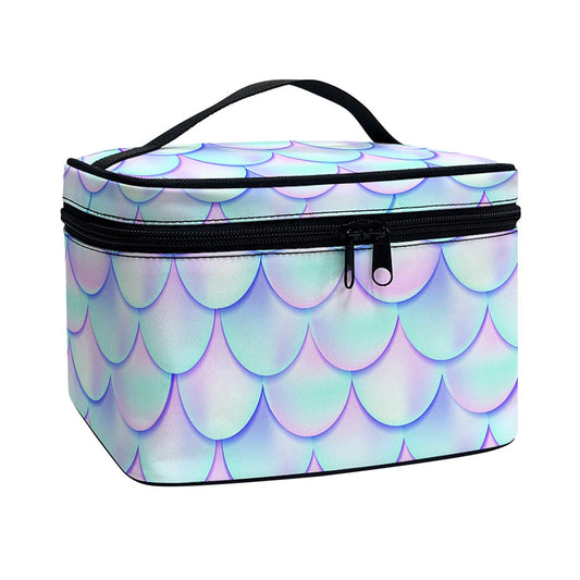 Blue Mermaid Scales Pattern Print Travel Makeup Bag