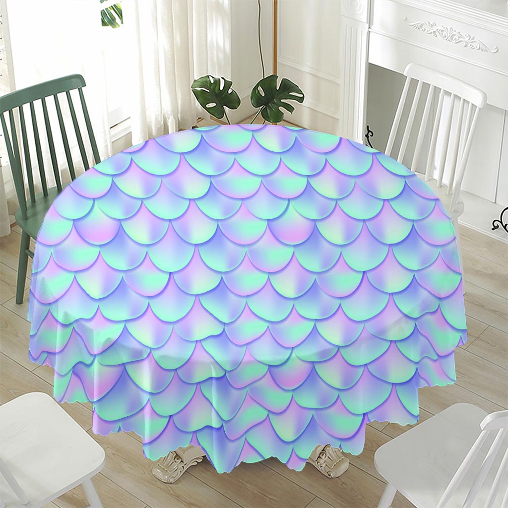 Blue Mermaid Scales Pattern Print Waterproof Round Tablecloth