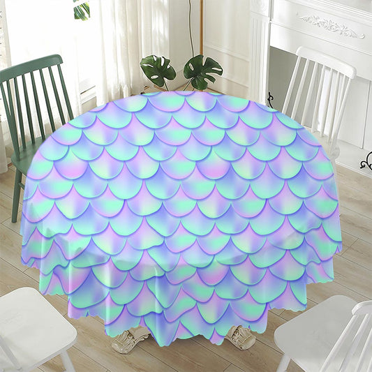Blue Mermaid Scales Pattern Print Waterproof Round Tablecloth