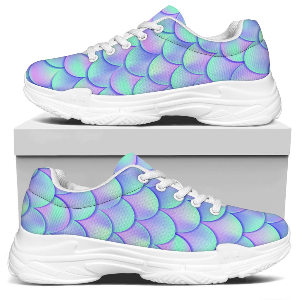 Blue Mermaid Scales Pattern Print White Chunky Shoes